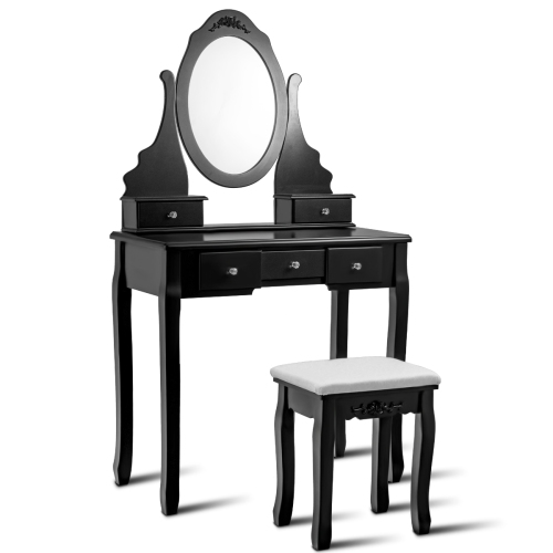 Topbuy Oval Vanity Mirror Dressing Table Beauty Dresser w/ Cushioned Bench Black