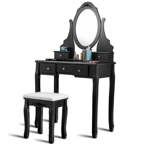 Topbuy Oval Vanity Mirror Dressing Table Beauty Dresser w/ Cushioned Bench Black