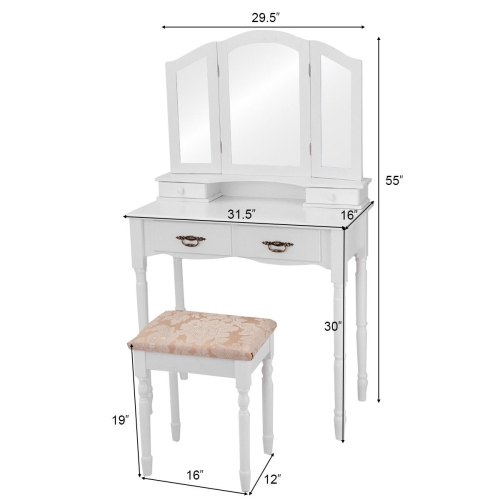 Topbuy Tri Folding Vanity Mirror Makeup Table Set W/4 Drawers & Stool White