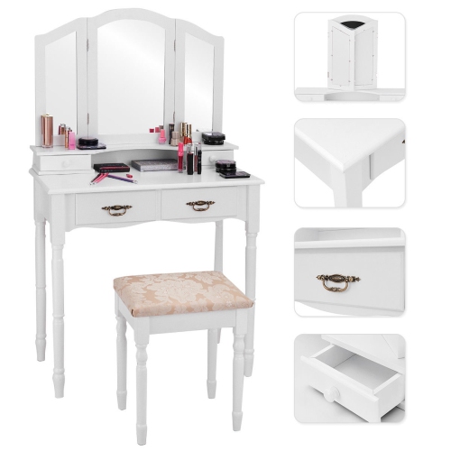 Topbuy Tri Folding Vanity Mirror Makeup Table Set W/4 Drawers & Stool White