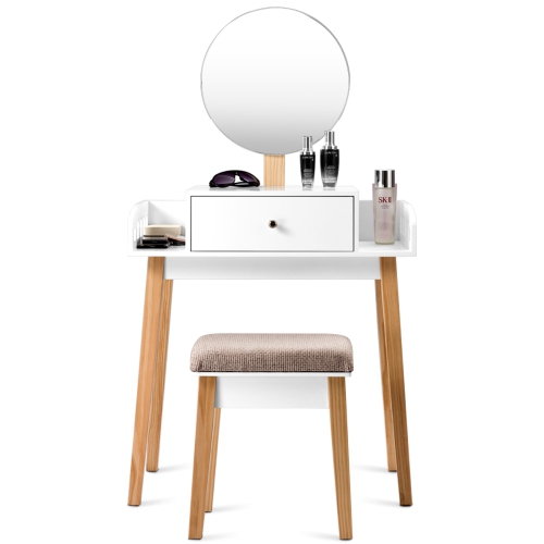 Topbuy Wooden Vanity Makeup Dressing Table Round Mirror Cushioned Stool with 1 Drawer