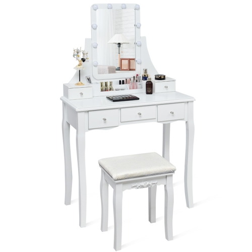 Topbuy LED Vanity Table Makeup Dresser Desk w/ Drawers & Cushioned Stool White