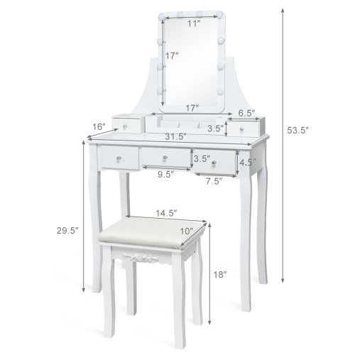 Topbuy LED Vanity Table Makeup Dresser Desk w/ Drawers & Cushioned Stool White