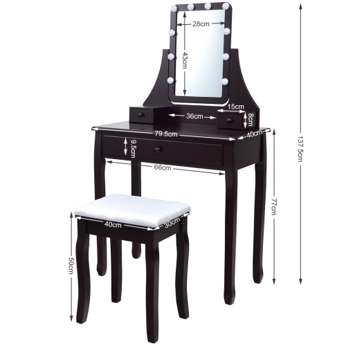 Topbuy Make-Up Vanity Table Dresser Set w/LED Light & Padded Stool Black
