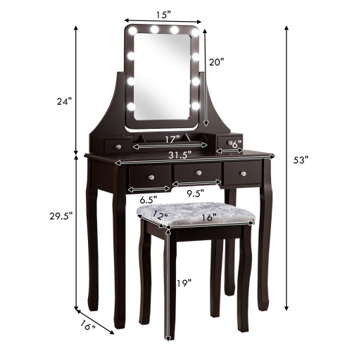 Topbuy Detachable Vanity Table Set Makeup Table with Mirror &Cushioned Stool White/Black/Brown