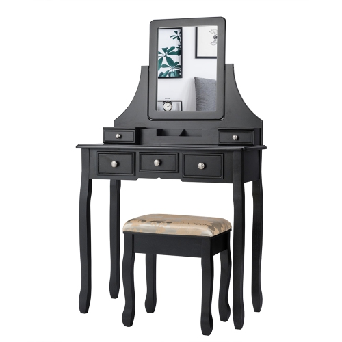 TOPBUY  Rotatable Mirror Vanity Set Makeup Dressing Table And Stool W/ 5 Drawers In Black