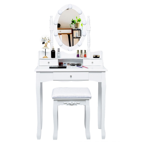 Topbuy Mirrored Vanity Table Set Lighted Makeup Dresser w/ Drawers White