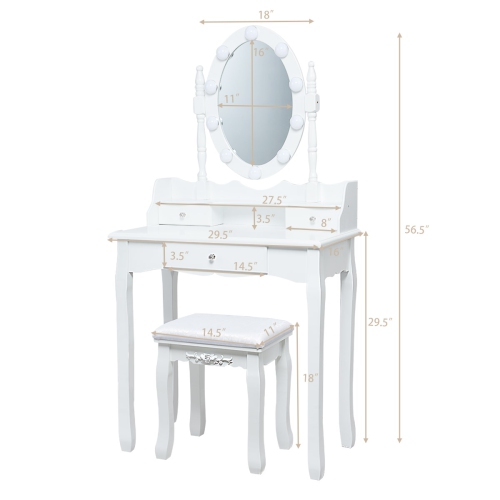 Topbuy Mirrored Vanity Table Set Lighted Makeup Dresser w/ Drawers White
