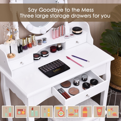 Topbuy Mirrored Vanity Table Set Lighted Makeup Dresser w/ Drawers White