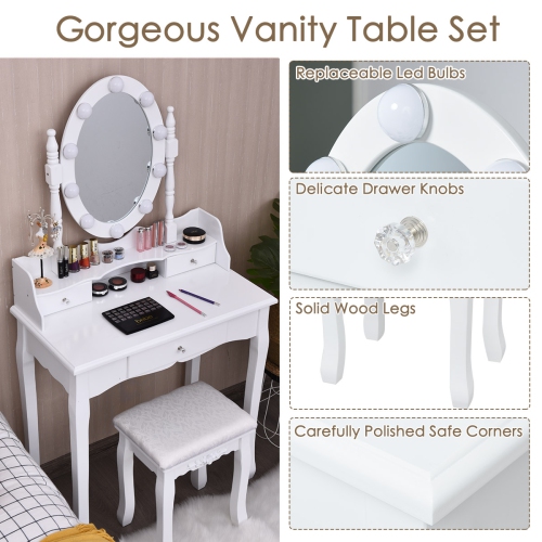 Topbuy Mirrored Vanity Table Set Lighted Makeup Dresser w/ Drawers White