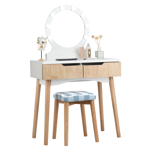Topbuy Vanity Table Set w/ Lighted Makeup Dresser Mirror & Drawers Natural Wood