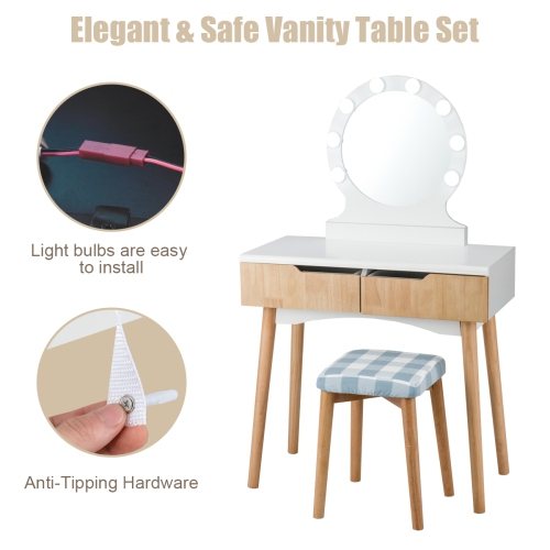 Topbuy Vanity Table Set w/ Lighted Makeup Dresser Mirror & Drawers Natural Wood