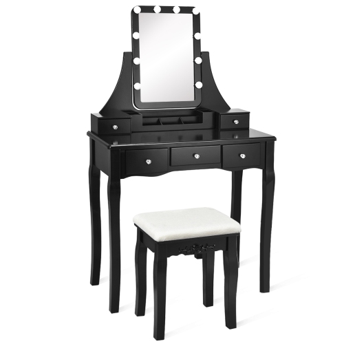 TOPBUY  Led Vanity Table Makeup Dresser Desk W/ Drawers & Cushioned Stool In Black