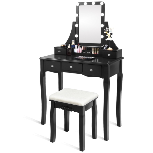 Topbuy LED Vanity Table Makeup Dresser Desk w/ Drawers & Cushioned Stool Black