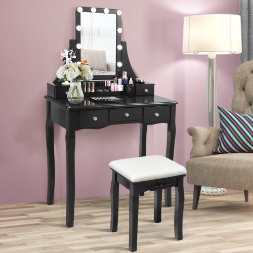 Topbuy LED Vanity Table Makeup Dresser Desk w/ Drawers & Cushioned Stool Black