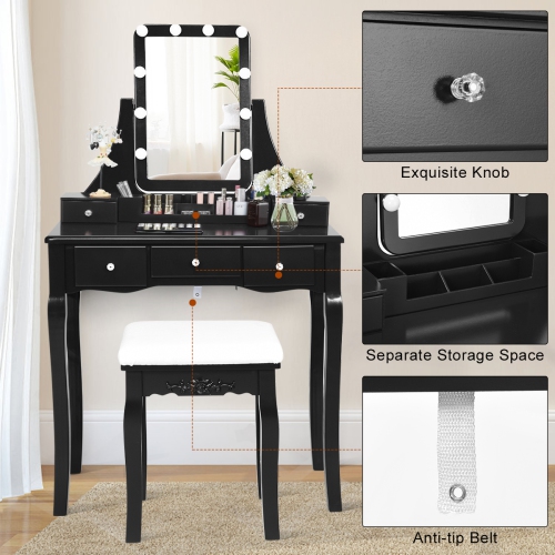 Topbuy LED Vanity Table Makeup Dresser Desk w/ Drawers & Cushioned Stool Black