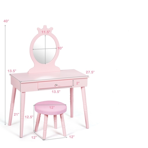Topbuy Kids Princess Vanity Table Set w/ Chair Crown Mirror Pink