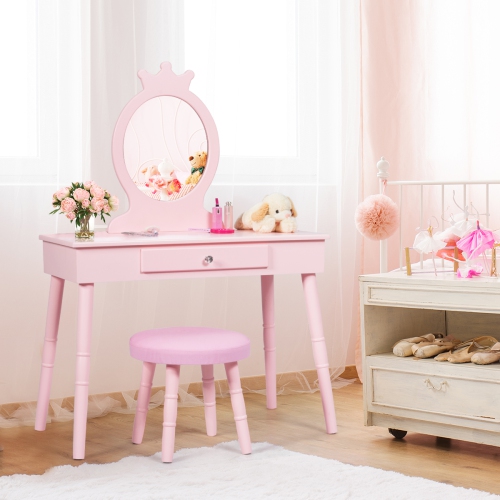 Topbuy Kids Princess Vanity Table Set w/ Chair Crown Mirror Pink