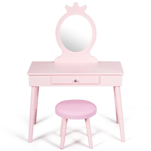 Topbuy Kids Princess Vanity Table Set w/ Chair Crown Mirror Pink