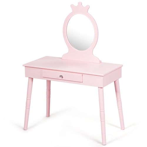 Topbuy Kids Princess Vanity Table Set w/ Chair Crown Mirror Pink