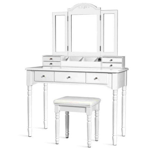 Topbuy Vanity Makeup Dressing Table Set w/ Drawer Mirror Necklace Hook White