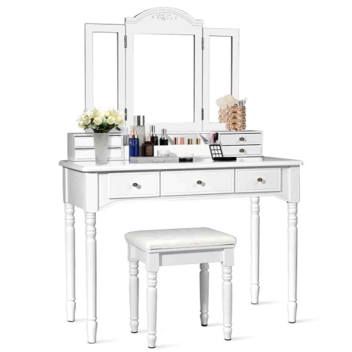 Topbuy Vanity Makeup Dressing Table Set w/ Drawer Mirror Necklace Hook White