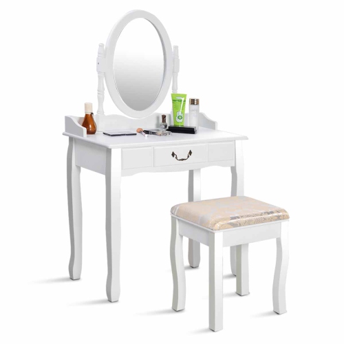 TOPBUY  Vanity Table Jewelry Makeup Desk With Padded Bench Bathroom Dresser W/ Drawer In White