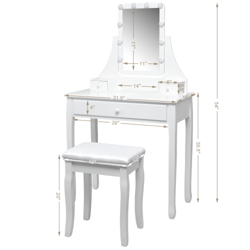 Topbuy Make-Up Vanity Table Dresser Set w/LED Light & Padded Stool White