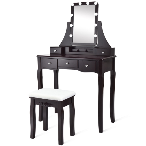 TOPBUY  Led Vanity Table Makeup Dresser Desk W/ Drawers & Cushioned Stool In Brown