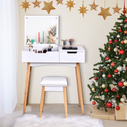 Topbuy Makeup Vanity Table W/Flip Top Mirror 2-in-1 Dresser & Stool