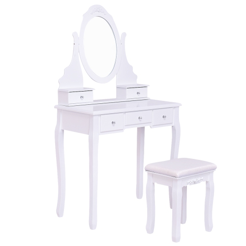 Topbuy Oval Vanity Mirror Dressing Table Beauty Dresser w/ Cushioned Bench White