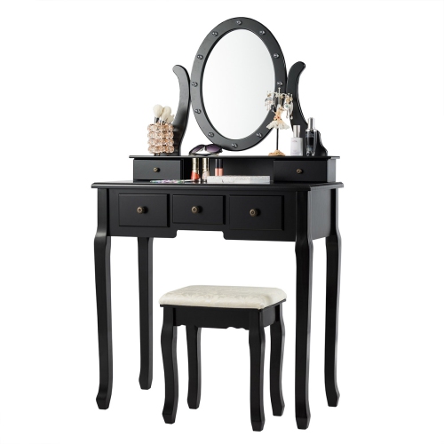 Topbuy Lighted Vanity Mirror Set Makeup Dressing Table w/ 5 Drawers Mirror & 12 LED Bulbs Black