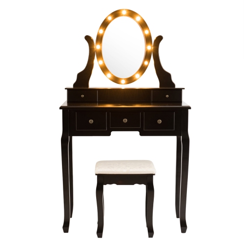 Topbuy Lighted Vanity Mirror Set Makeup Dressing Table w/ 5 Drawers Mirror & 12 LED Bulbs Black