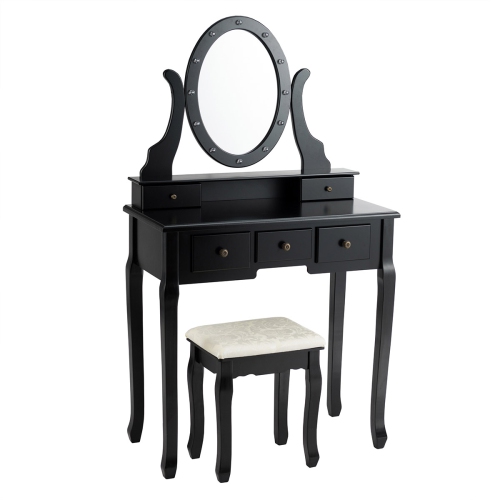 Topbuy Lighted Vanity Mirror Set Makeup Dressing Table w/ 5 Drawers Mirror & 12 LED Bulbs Black