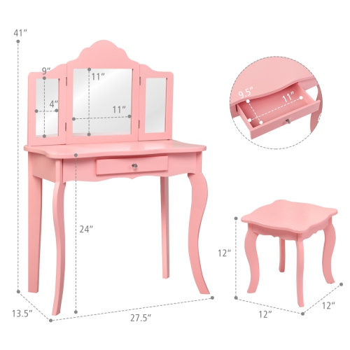 Topbuy Wooden Vanity Table with Triple Folding Mirror & Stool for Kids Pink