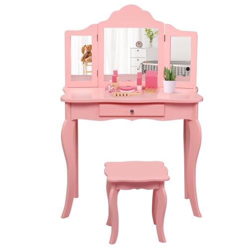 Topbuy Wooden Vanity Table with Triple Folding Mirror & Stool for Kids Pink