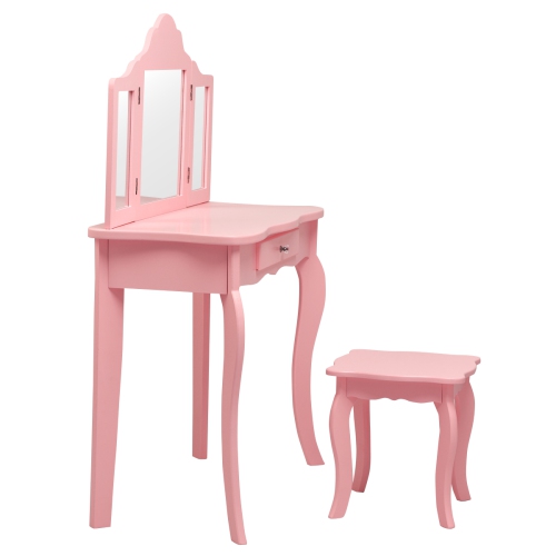 Topbuy Wooden Vanity Table with Triple Folding Mirror & Stool for Kids Pink