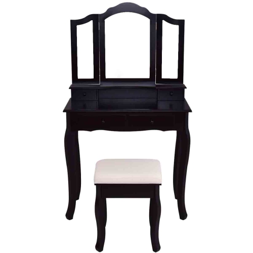 TOPBUY  Vanity Table Makeup Mirror Wood Desk Dressing Set W/ Stool 4 Drawer In Black