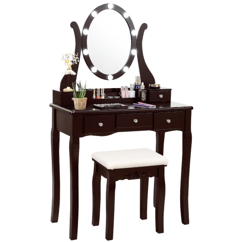 Topbuy Vanity Table Makeup Dresser Desk w/LED Light Drawers & Stool Brown