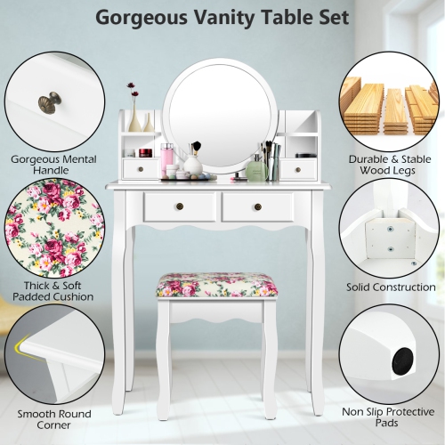 Topbuy Vanity Table Set w/Detachable Mirror & Stool