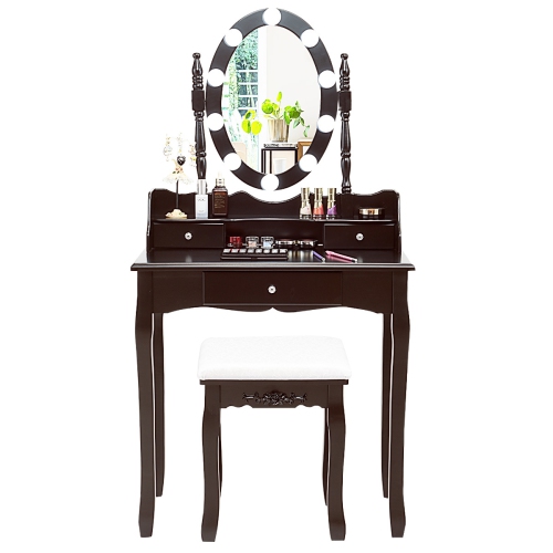 Topbuy Mirrored Vanity Table Set Lighted Makeup Dresser w/ Drawers Brown