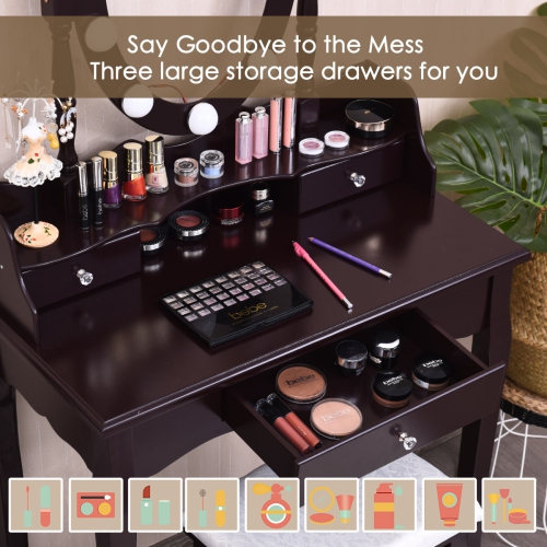 Topbuy Mirrored Vanity Table Set Lighted Makeup Dresser w/ Drawers Brown
