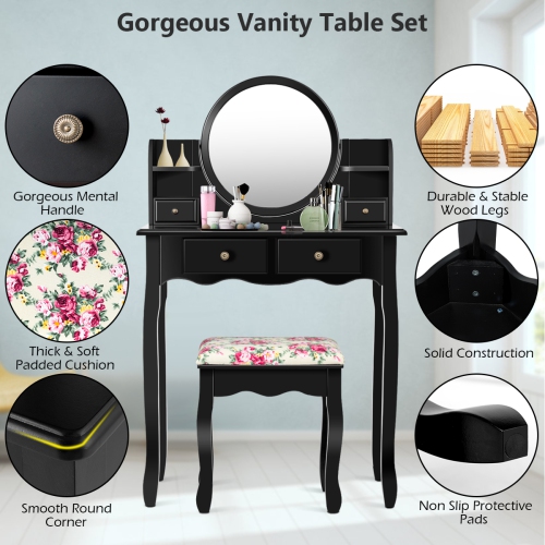 Topbuy Vanity Table Set w/Detachable Mirror & Stool