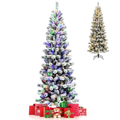 GYMAX  7.5 Ft Pre-Lit Snow Flocked Artificial Christmas Tree W/ Multi-Color Led Lights