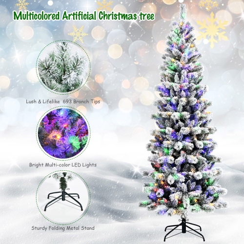 Gymax 7.5 ft Pre-lit Snow Flocked Artificial Christmas Tree w/ Multi-Color LED Lights