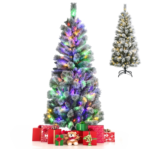 Gymax 5 ft Pre-lit Snow Flocked Artificial Christmas Tree w/ Multi-Color LED Lights