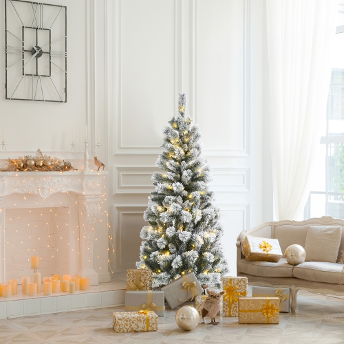 Gymax 5 ft Pre-lit Snow Flocked Artificial Christmas Tree w/ Multi-Color LED Lights