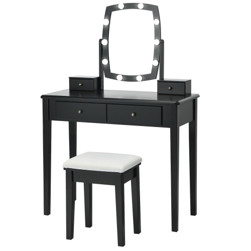 Gymax Vanity Table Set with Lighted Mirror Adjustable 10 Bulbs Dresser 4 Drawer