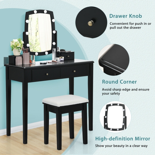 Gymax Vanity Table Set with Lighted Mirror Adjustable 10 Bulbs Dresser 4 Drawer