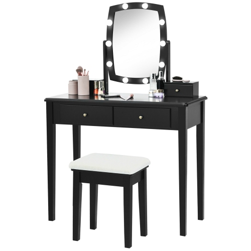 Gymax Vanity Table Set with Lighted Mirror Adjustable 10 Bulbs Dresser 4 Drawer